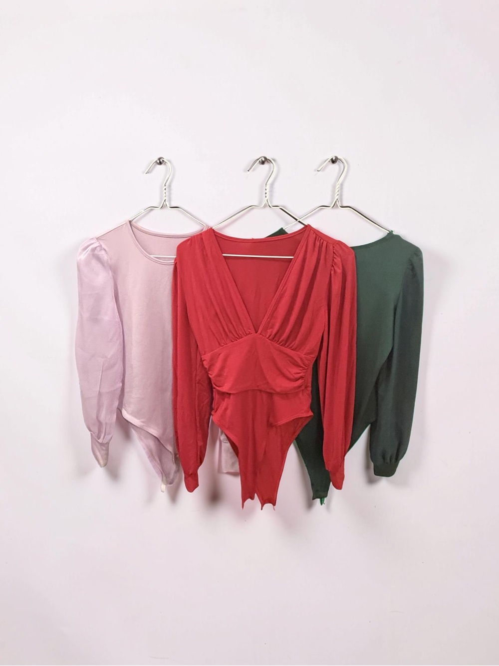 Women's Red V-Neck Draped Long-Sleeve Bodysuit